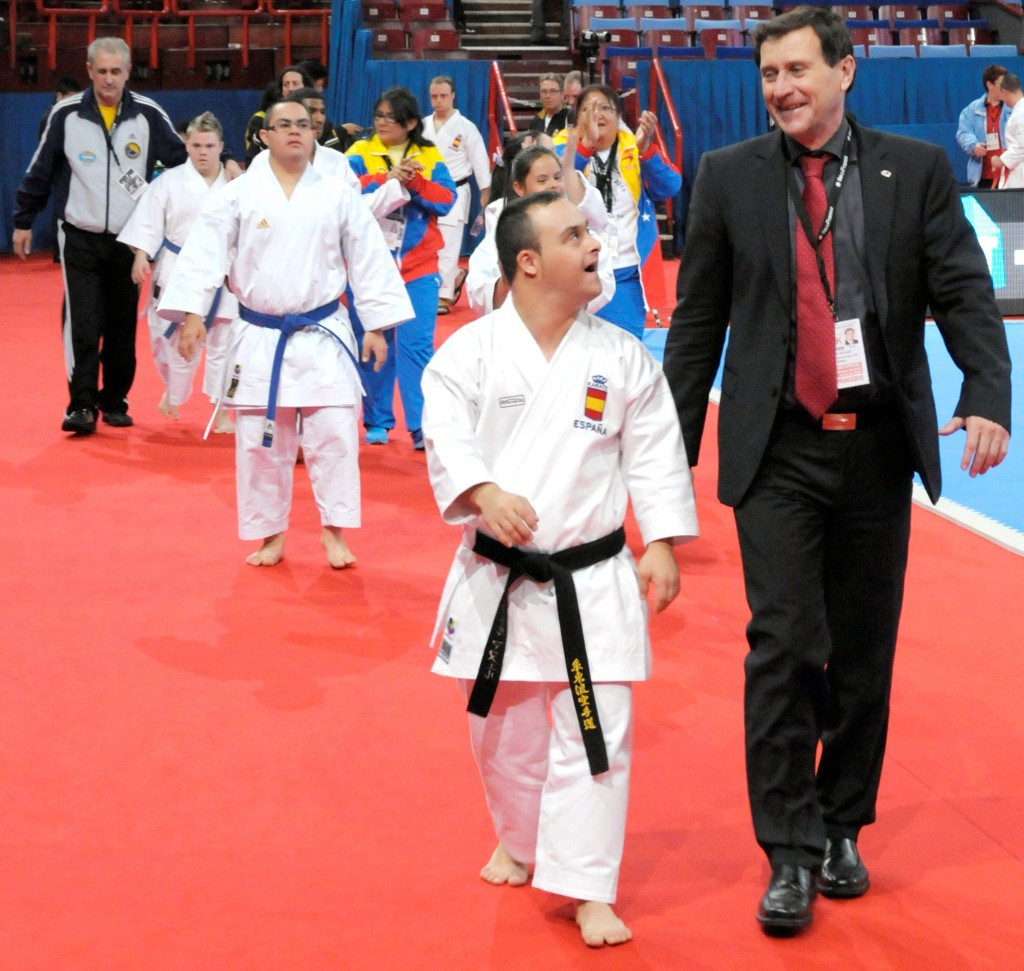 Former WKF chairman for persons with disabilities, Wolfgang Weigert, with Para-karate players in 2012 ©WKF