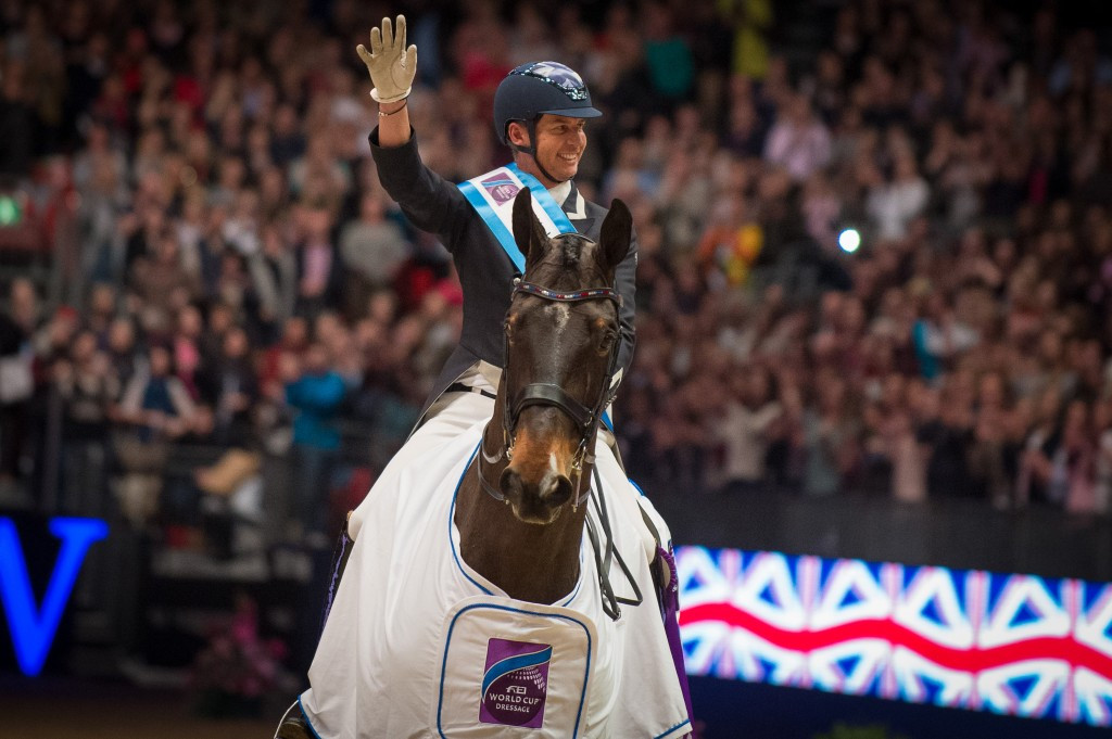 Home favourite Carl Hester won the fifth leg of the FEI World Cup Dressage at London Olympia tonight, repeating his victory in the class from last year ©Jon Stroud Media/FEI