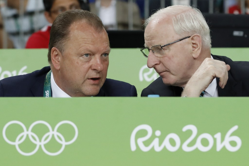 Patrick Hickey (right), seen speaking to International Judo Federation President Marius Vizer at the Rio 2016 Olympics, has left Brazil for the first time since the Games  ©Getty Images