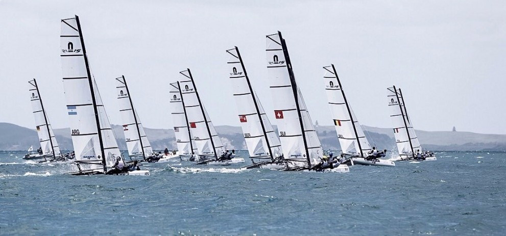 French duo Charles Dorange and Tim Mourniac took the early lead in the Nacra 15 competition at the Youth Sailing World Championships in Auckland ©World Sailing