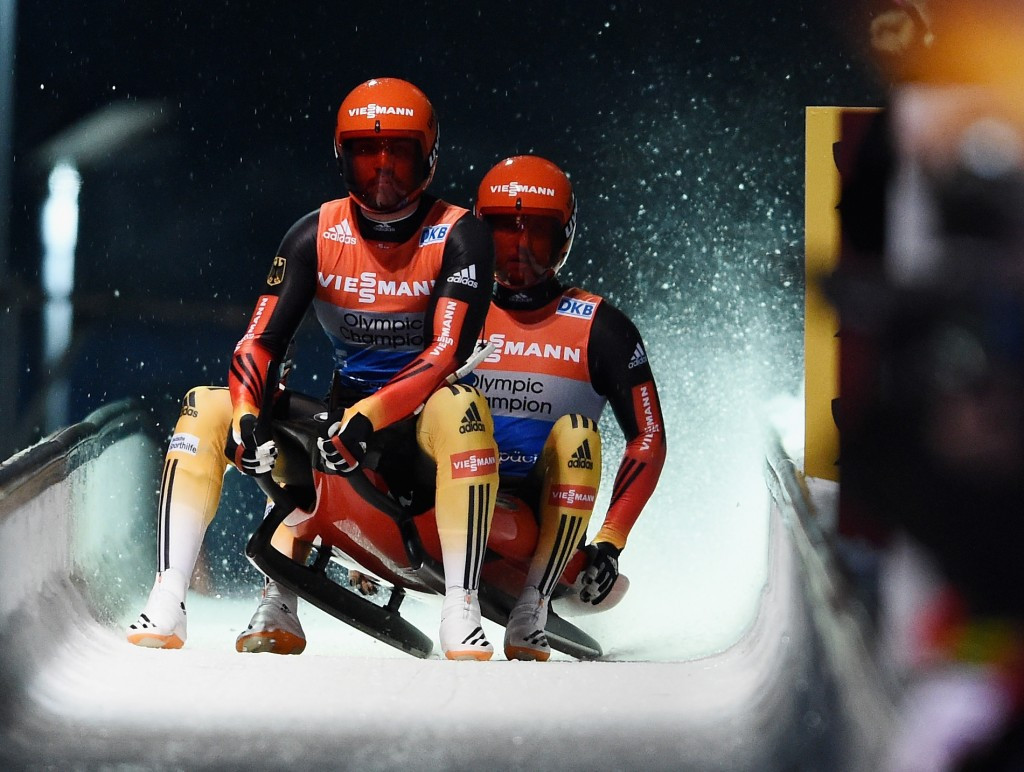 Tobias Wendl and Tobias Arlt of Austria, the reigning Olympic champions, ended the winning streak of German duo Toni Eggert and Sascha Benecken at the Utah Olympic Park ©Getty Images