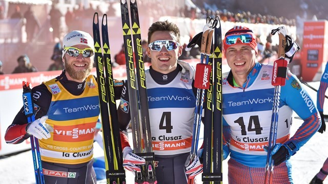 Finn Haagen Krogh (centre) pipped fellow Norwegian Martin Johnsrud Sundby (left) to the win in the men's 15km free technique race. Russia's Alexander Legkov (right) came third ©NordicFocus