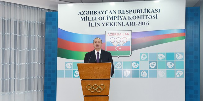 Azerbaijan's President Aliyev attends celebratory event at country's NOC headquarters 
