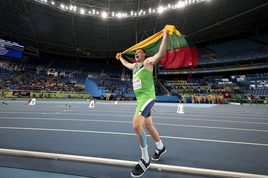 Mindaugas Bilius of Lithuania celebrates Paralympic victory during the men's F37 shot put ©Getty Images