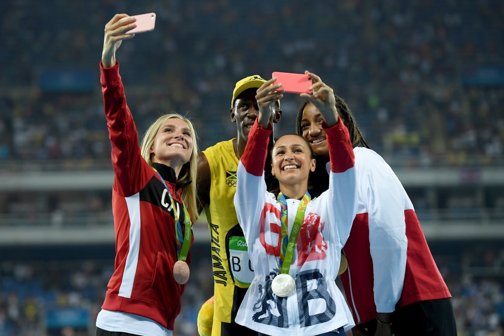 Jessica Ennis-Hill poses for a selfie with Usain Bolt, Nafissatou Thiam, right, and Brianne Theisen-Eaton of Canada at Rio 2016 following her Olympic silver medal  in the heptathlon ©Getty Images