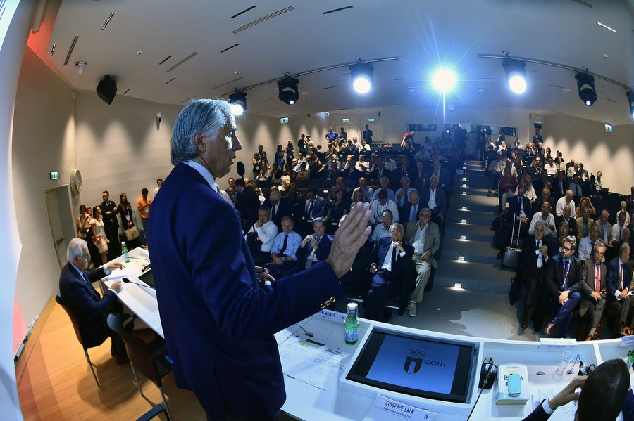 CONI President Giovanni Malagò addresses the meeting after it had unanimously voted to back Rome's bid to host the 2024 Olympics and Paralympics 