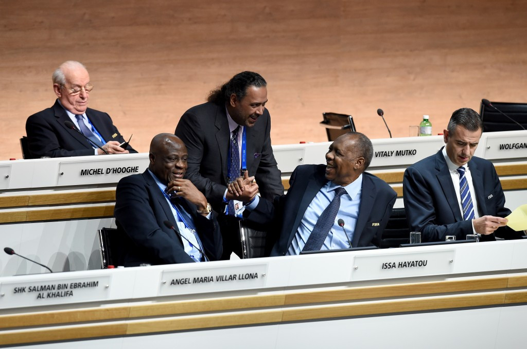 Issa Hayatou, centre, pictured greeting Kuwait's International Olympic Committee member Sheikh Ahmad Al-Fahad Al-Sabah during last year's FIFA Extraordinary Congress in Zurich ©Getty Images