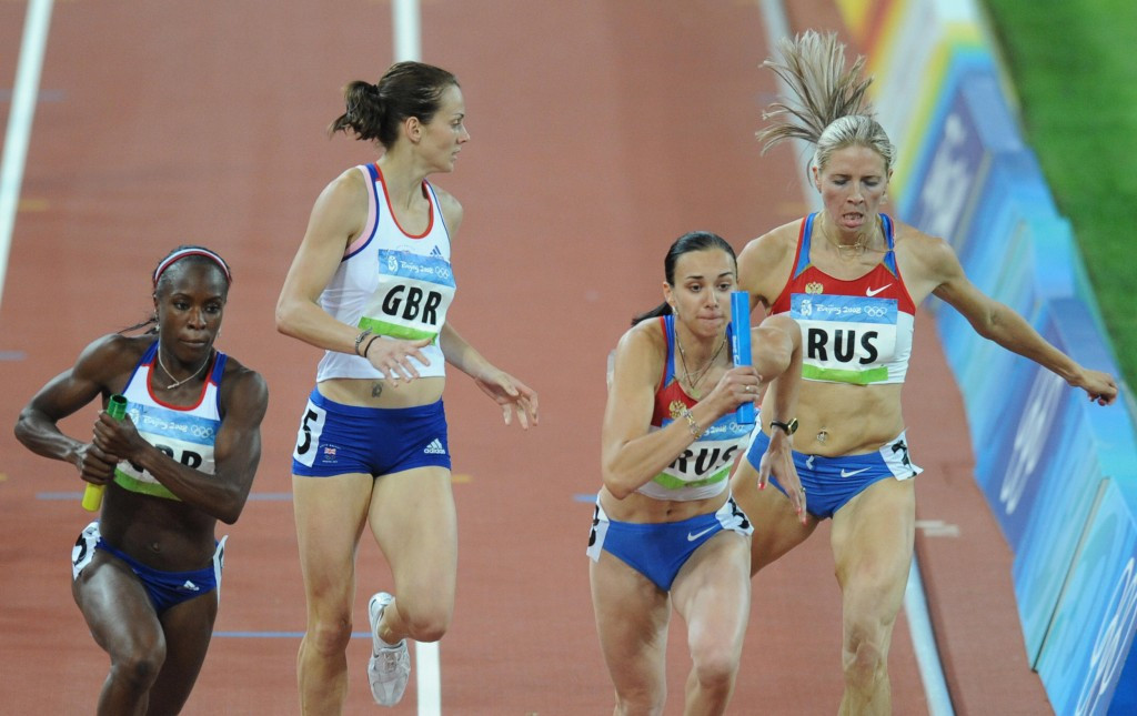 Kelly Sotherton, second left, is set to win a second Olympic bronze medal in the Beijing 2008 4x400m relay following the disqualification of Russia and Belarus for doping violations ©Getty Images