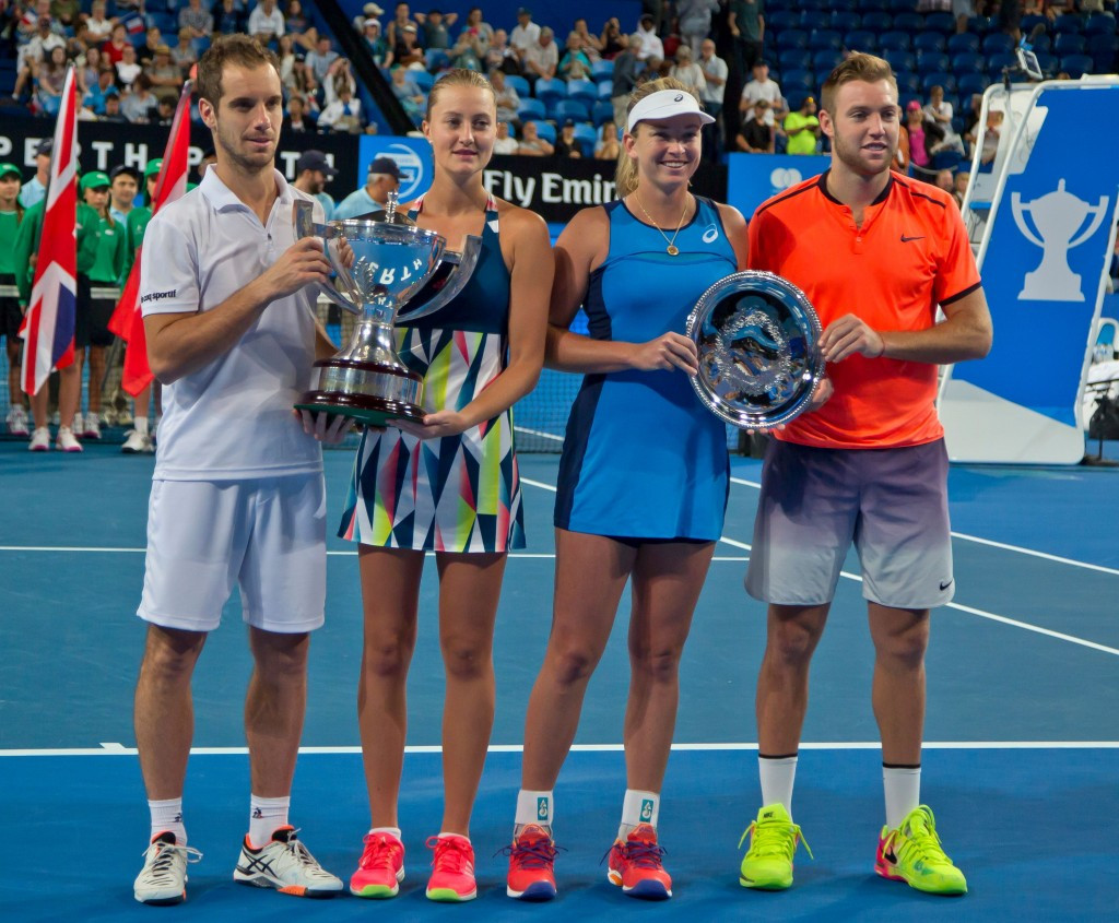 Gasquet and Mladenovic are joined by Jack Sock and Coco Vandeweghe after the trophy presentation ©Getty Images