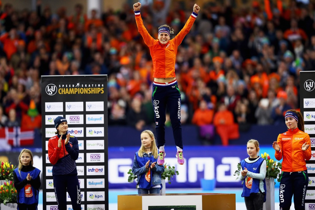 Ireen Wüst (centre) won the overall women's allround title at the ISU European Speed Skating Championships today ©Getty Images