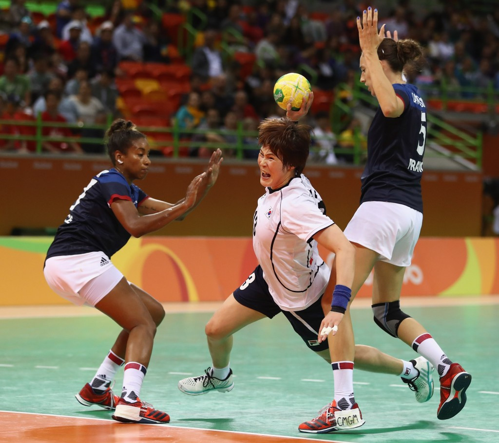 South Korea's Hyunji Yoo (centre) had a legitimate goal disallowed against France in the 2015 World Handball Championship because of human error within the video replay system ©Getty Images