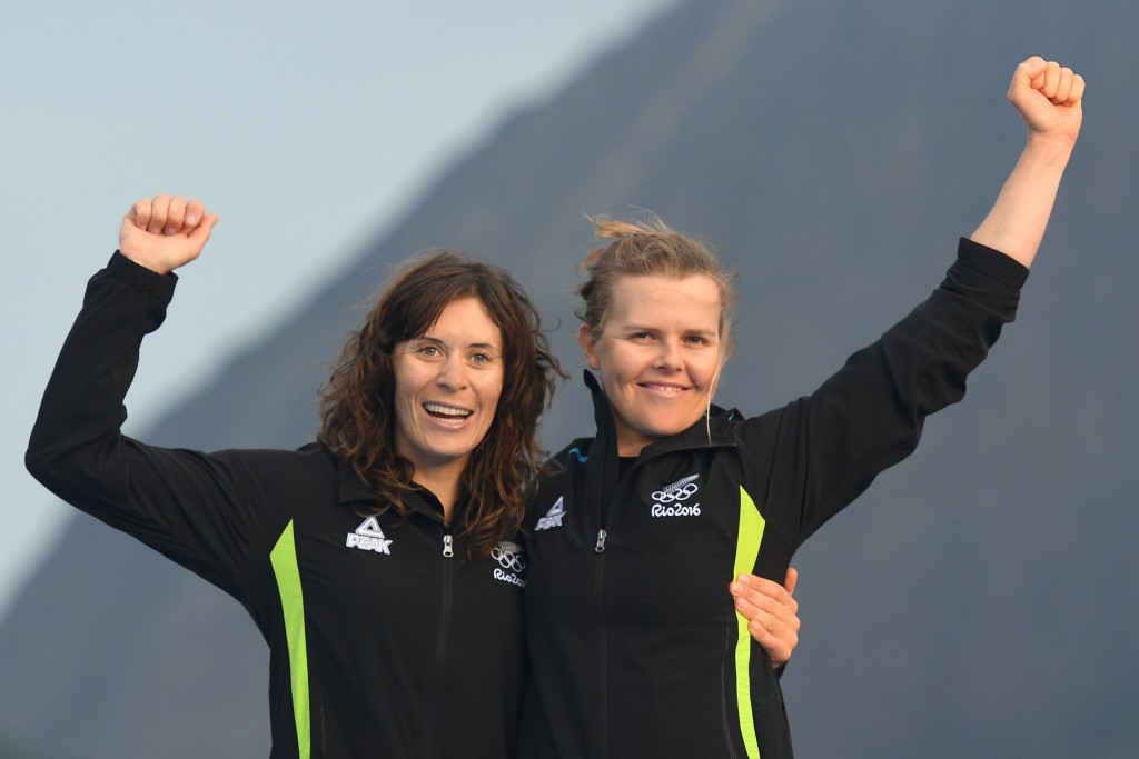 Polly Powrie (right) and her sailing partner Jo Aleh (left) won two Olympic medals together ©Getty Images