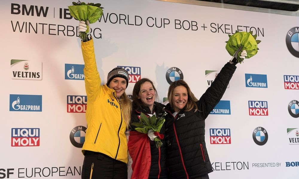 Germany’s Jacqueline Lölling, left, claimed her first-ever continental gold medal after winning the women’s skeleton race at the IBSF European Championships in Winterberg ©IBSF