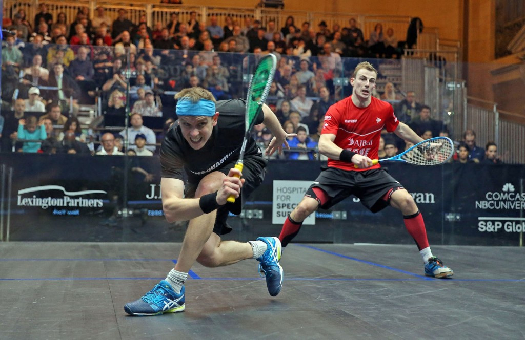 England's James Willstrop, left, ended a 10-year, 19-match losing streak against compatriot Nick Matthew today ©PSA