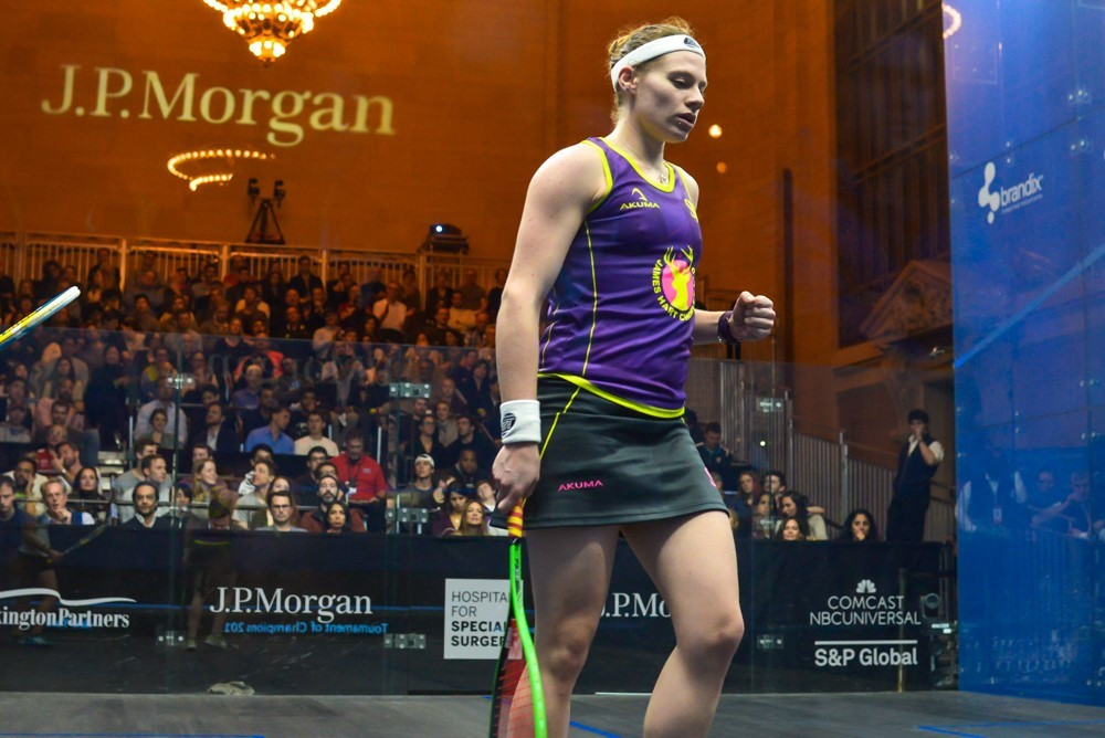 World number 11 Sarah-Jane Perry of England stunned home favourite and 2016 runner-up Amanda Sobhy in a thrilling five-game battle to reach the last eight of the PSA Tournament of Champions at New York's Grand Central Terminal ©PSA