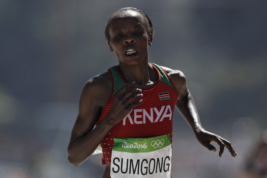 Olympic champion Jemima Sumgong is set to defend her London Marathon title in April ©Getty Images