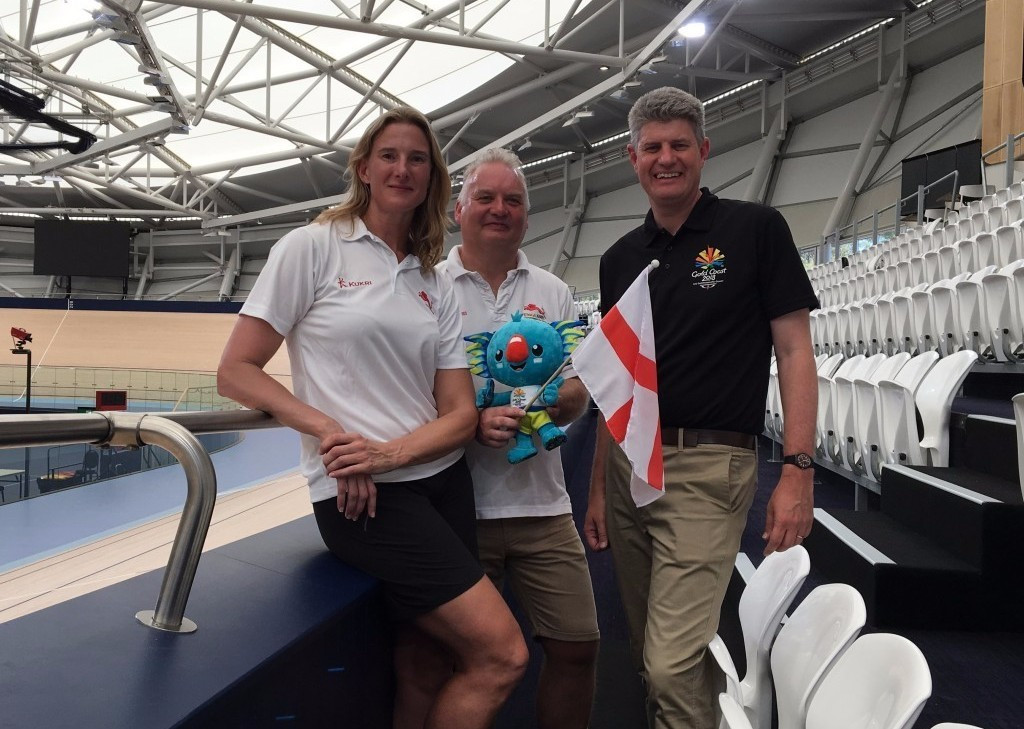 Sarah Winckless, left, and Paul Blanchard, centre, met Commonwealth Games Minister Stirling Hinchliffe ©Commonwealth Games England