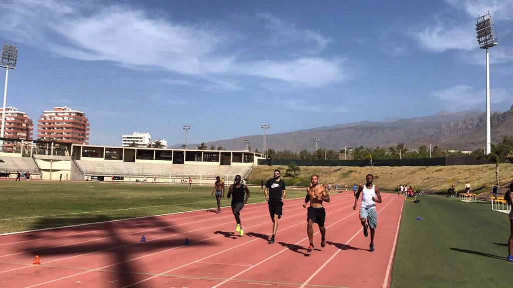 James Ellington, second right, and Nigel Levine, fourth right, had been training in Tenerife ©Twitter/Martyn Rooney