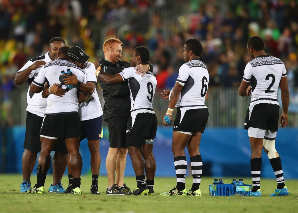 Ben Ryan celebrates with the Fiji rugby sevens team after beating Great Britain in the gold medal match at the 2016 Olympics Games in Rio ©Getty Images