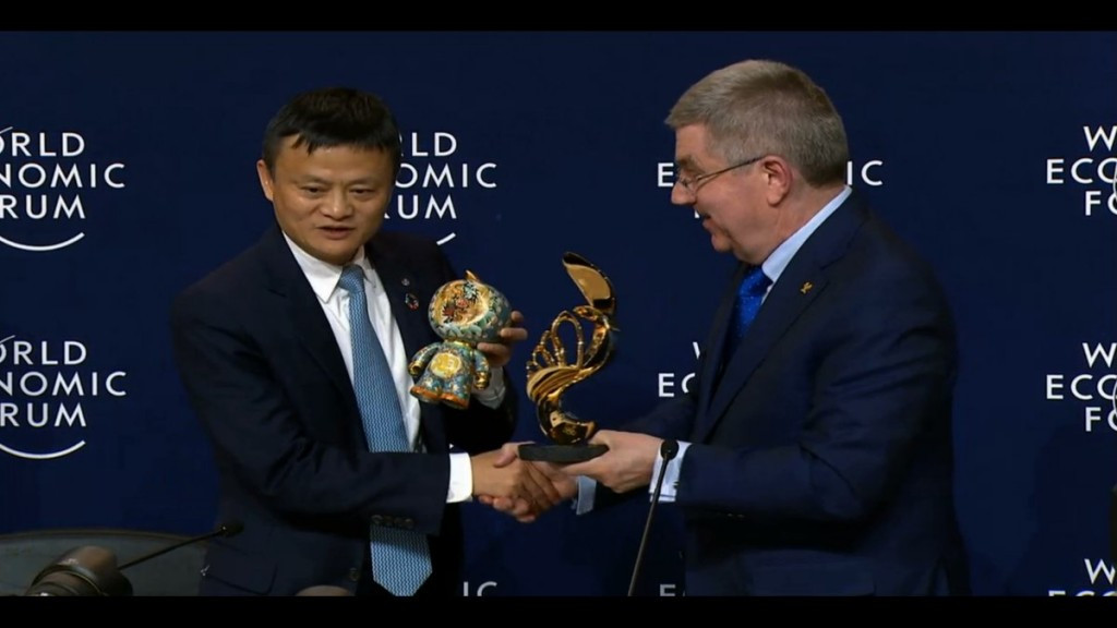 Alibaba Jack Ma, left, and International Olympic Committee President Thomas Bach pictured during the ceremony to announce the Chinese company would become a TOP sponsor until 2028 ©Alibaba/Twitter