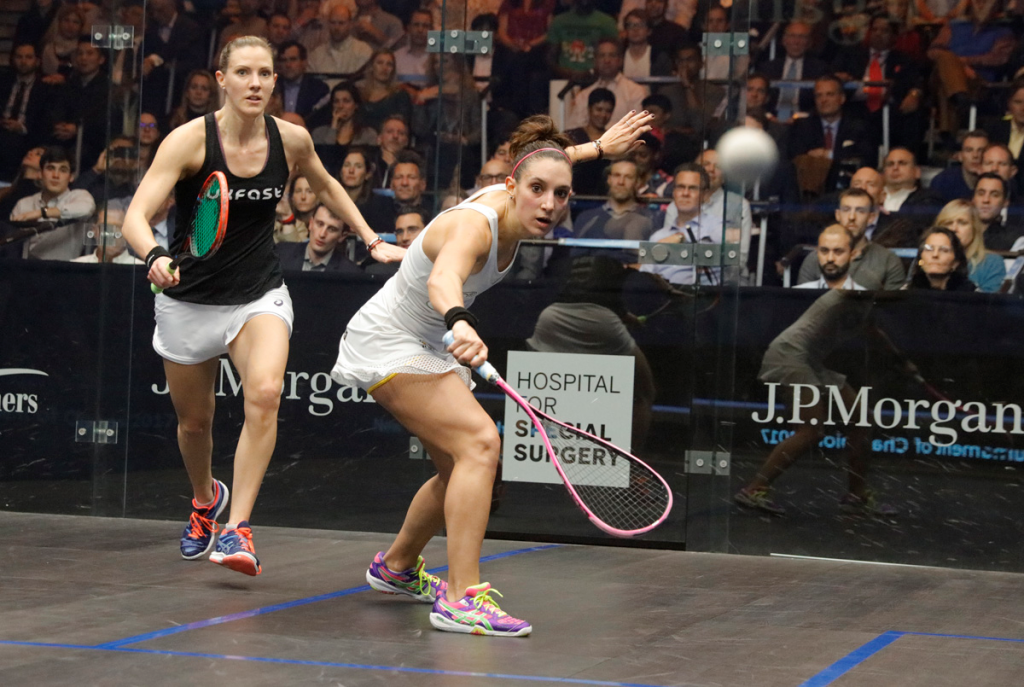 Camille Serme had to battle back from 2-1 down to defeat England's Laura Massaro, left, in five sets ©PSA