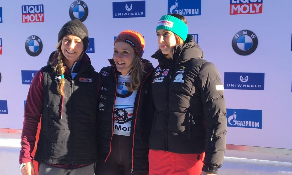 Mirela Rahneva, centre, secured the first World Cup victory of her career ©IBSF