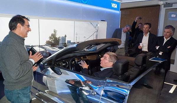 Thomas Bach, in car, pictured during his Silicon Valley tour with TOP sponsor VISA last year ©IOC