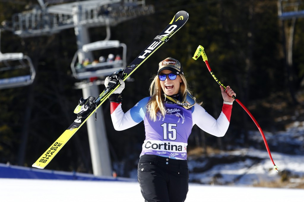 Lara Gut of Switzerland celebrates winning in Cortina d'Ampezzo, Italy ©Getty Images