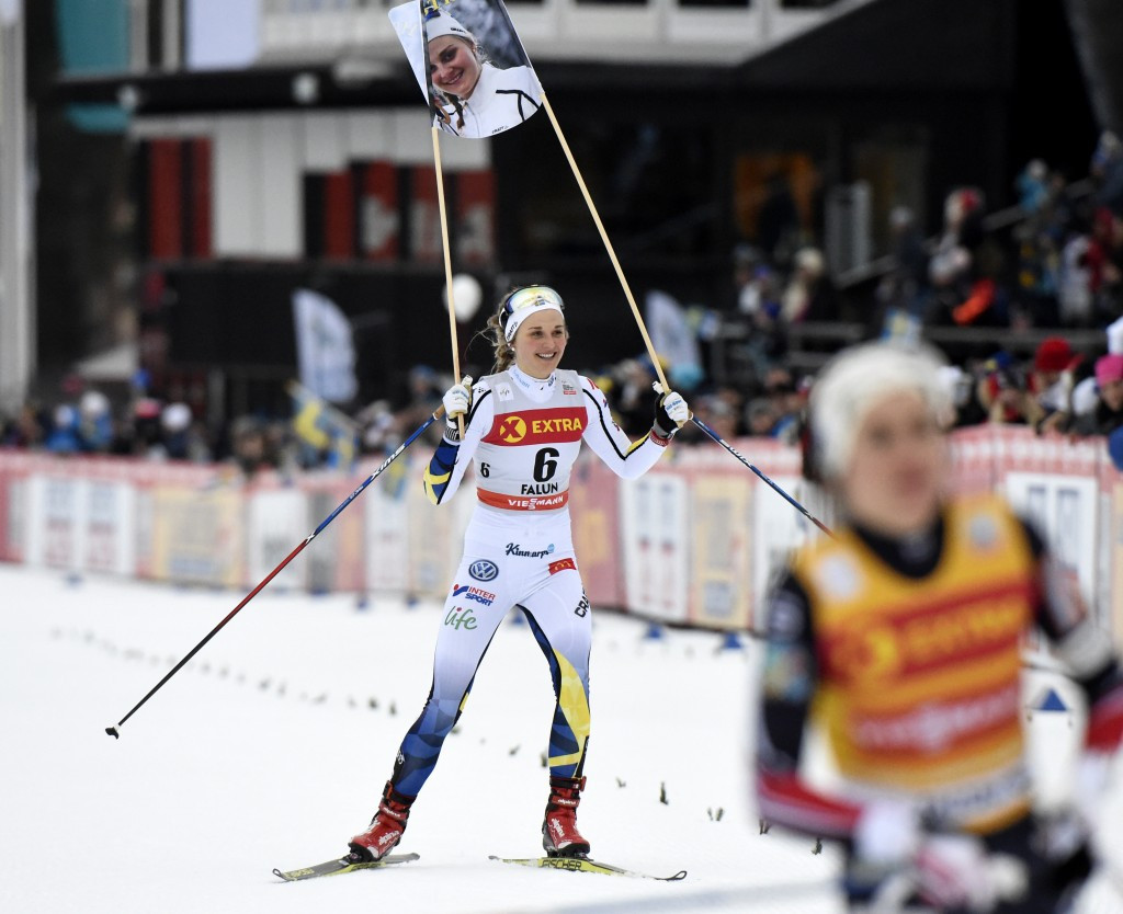 Sweden's Stina Nilsson celebrates after winning a tense 1.4 kilometre sprint race in front of a home crowd ©Getty Images