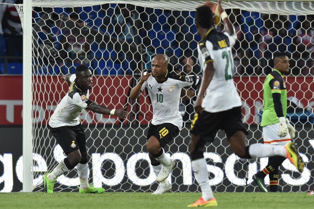 Andre Ayew, centre, celebrates his goal for Ghana in the Africa Cup of Nations quarter-finals ©Getty Images
