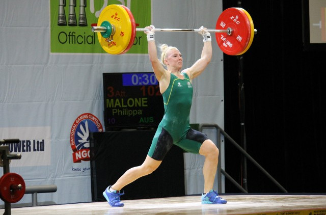Australia's Philippa Malone totalled 188kg for overall gold in the women's 63kg category