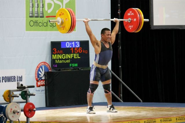 Manuel Minginfel of the Federated States of Micronesia continued his superb winning streak with two golds in the men's 69kg weightlifting category ©Port Moresby 2015