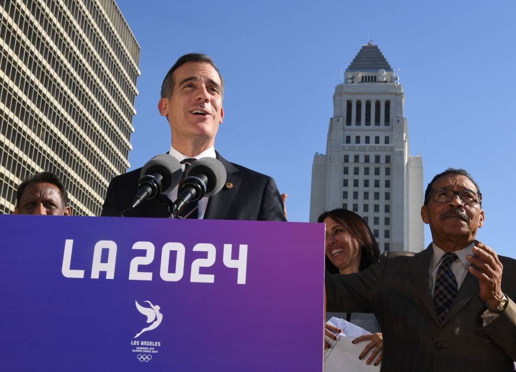 Los Angeles Mayor Eric Garcetti, pictured speaking following a Council meeting last week at which there was a unanimous show of support for the bid from the Californian city ©Getty Images
