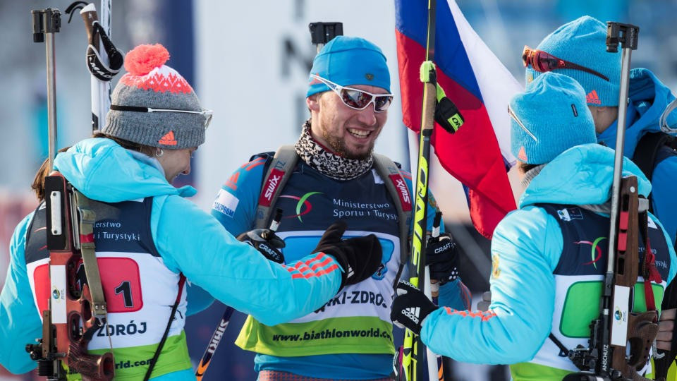 Russia celebrate their mixed team relay gold medal at the European Championships ©IBU