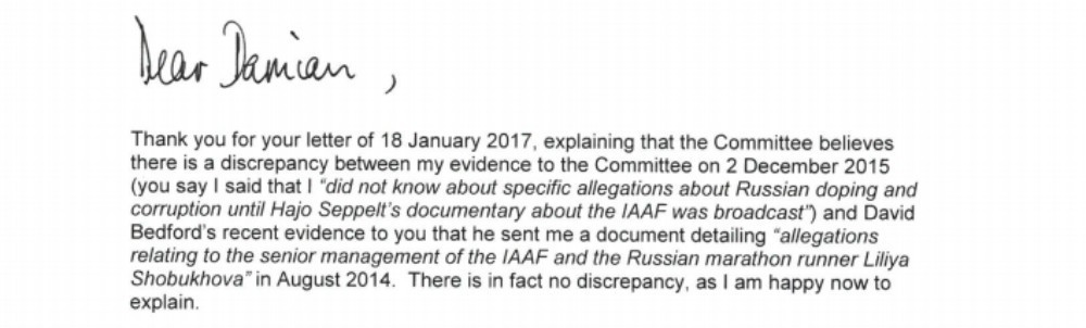 IAAF President Sebastian Coe has denied there is a discrepancy in the evidence presented by him and David Bedford to the Select Committee ©Culture, Media and Sport Select Committee