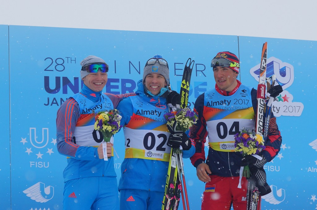 Russia’s Dmitriy Rostovtsev beat compatriot Valeriy Gontar to the men’s cross-country skiing 10km pursuit free title at the 2017 Winter Universiade today ©Almaty 2017