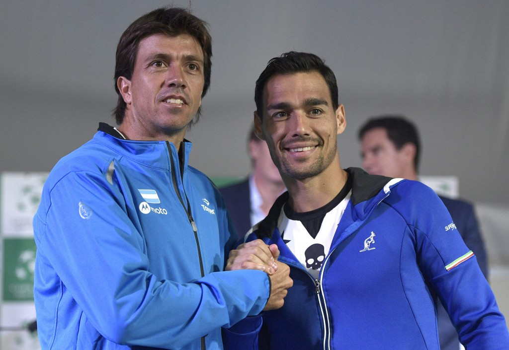 Italy's Fabio Fognini and Carlos Berlocq of Argentina pose before their singles clash tomorrow in the Davis Cup ©Getty Images