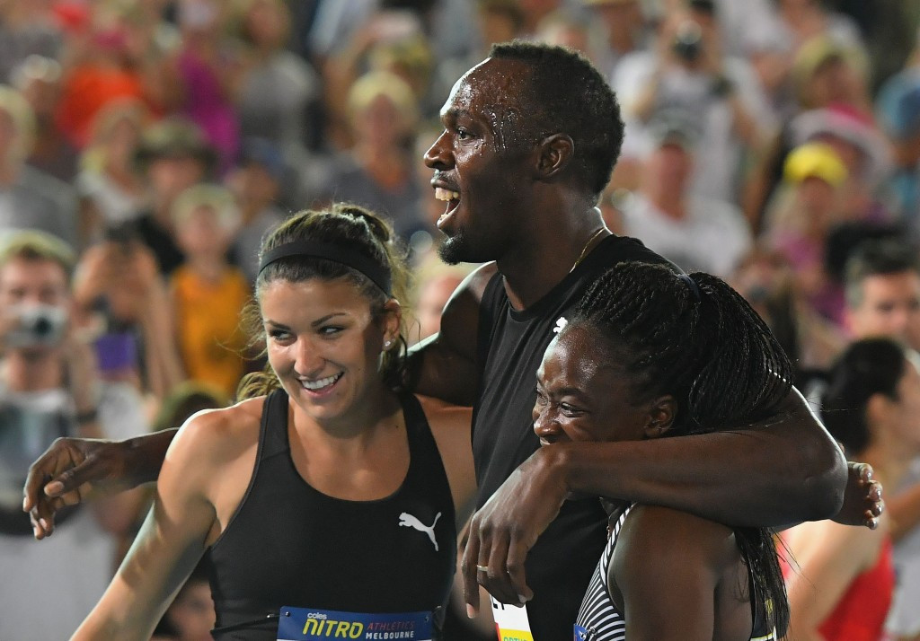 Usain Bolt celebrates Bolt All-Stars' relay win on the opening night of Nitro Athletics ©Getty Images
