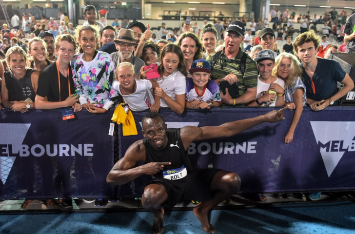 A familiar stance for Usain Bolt after his first competitive race in Australia at the Coles Nitro Athletics Melbourne first night ©Getty Images