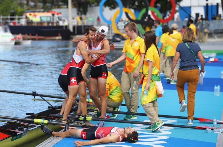 The Swiss men's lightweight four rowers celebrate victory at last summer's Rio Games. Now the event faces banishment from the Olympics ©Getty Images