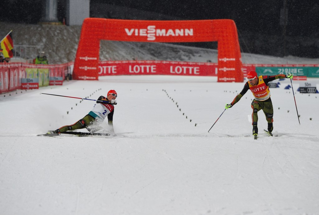 Johannes Rydzek beat Eric Frenzel after a photo finish today ©Getty Images