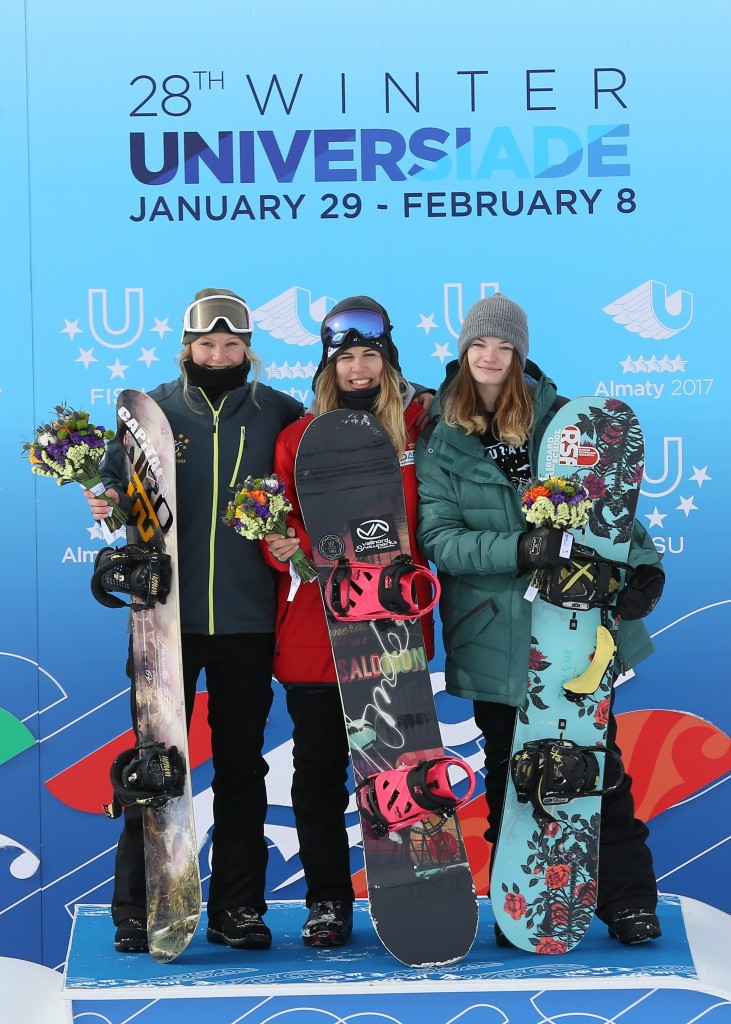 Katarzyna Rusin, centre, won the gold medal in the women's snowboard slopestyle today ©Almaty 2017