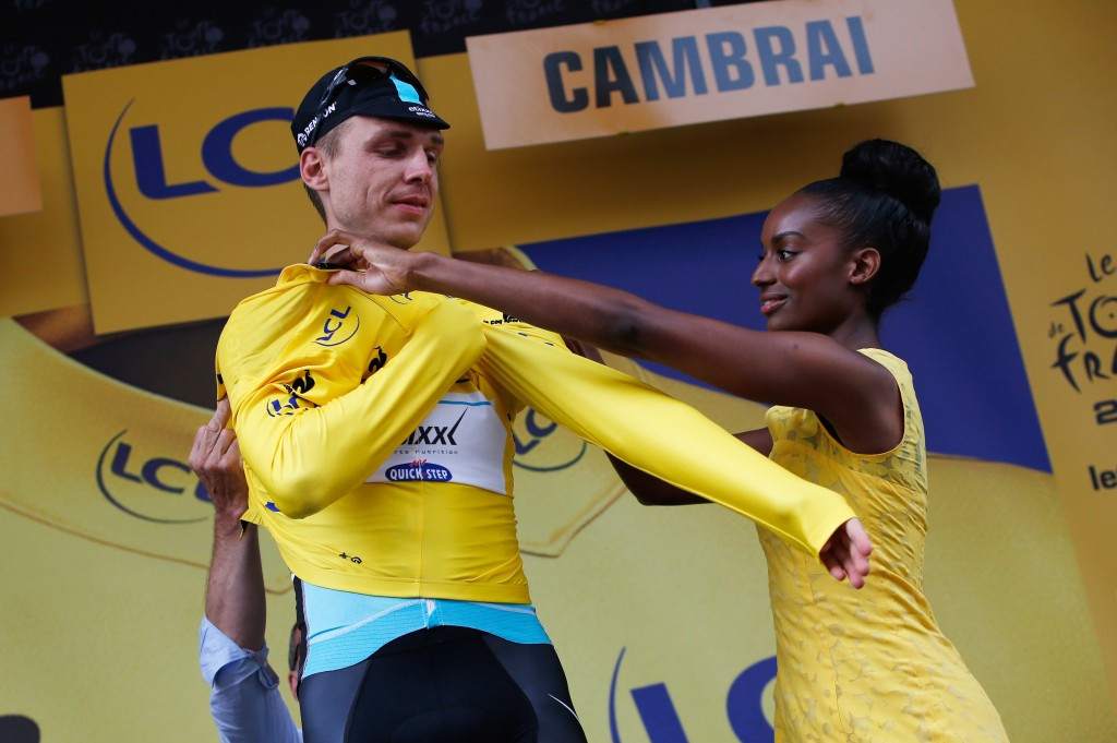 Tony Martin is awarded his first Tour de France yellow jersey of the race following the stage win ©Getty Images