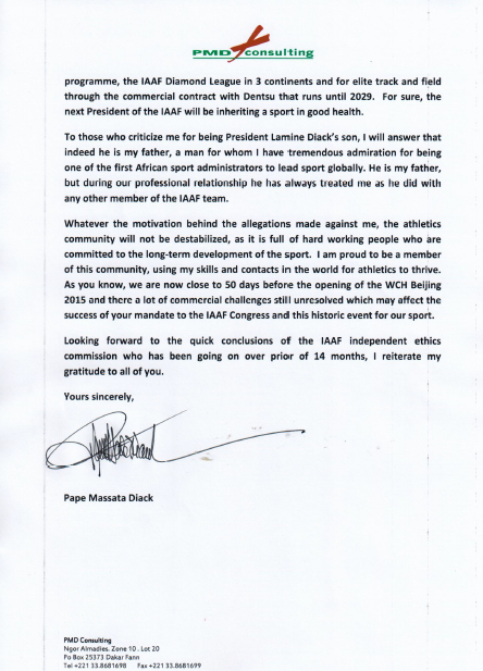 IAAF marketing consultant Papa Massata Diack claims in a three-page letter sent to the members of the world governing body's ruling Council he has been targeted by people who want to undermine his father