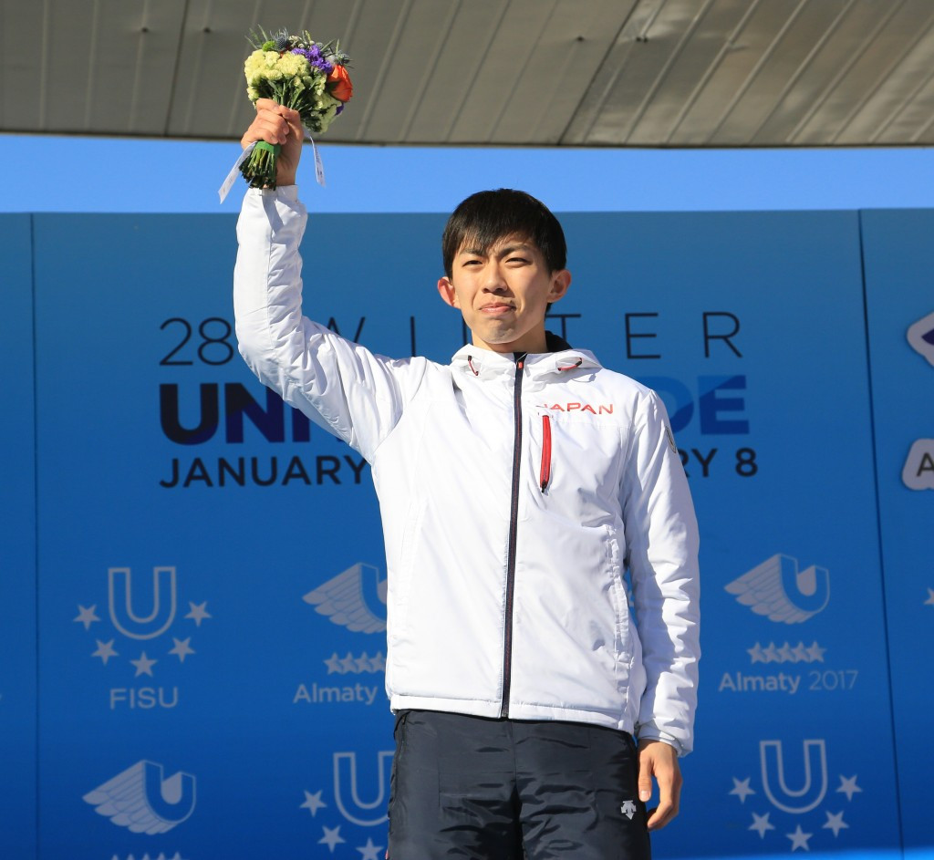 Seitaro Ichinohe of Japan claimed the gold medal in the men's speed skating mass start race at the Medeu High-mountain Ice Rink ©Almaty 2017