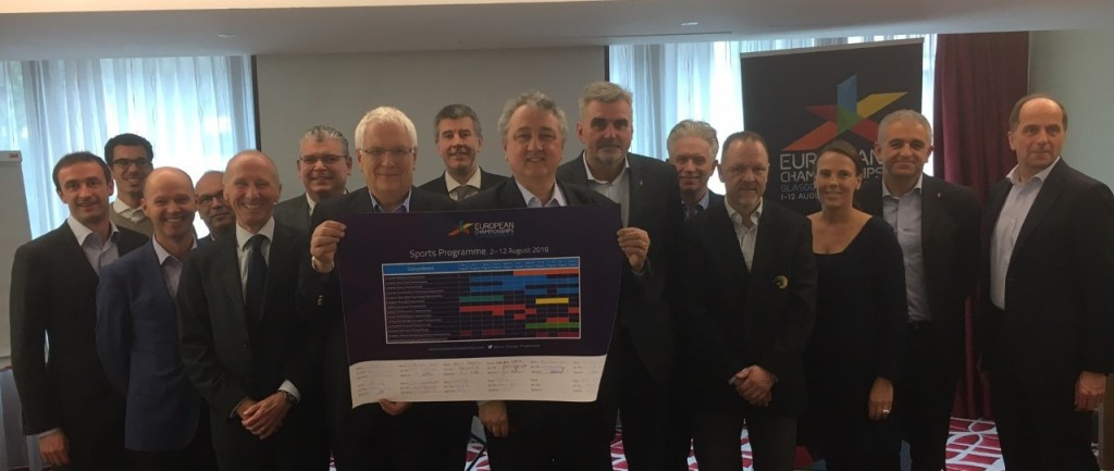 Members of the European Championships Board show off the agreed compettion schedule for next summer's inaugural multi-sport event ©Getty Images