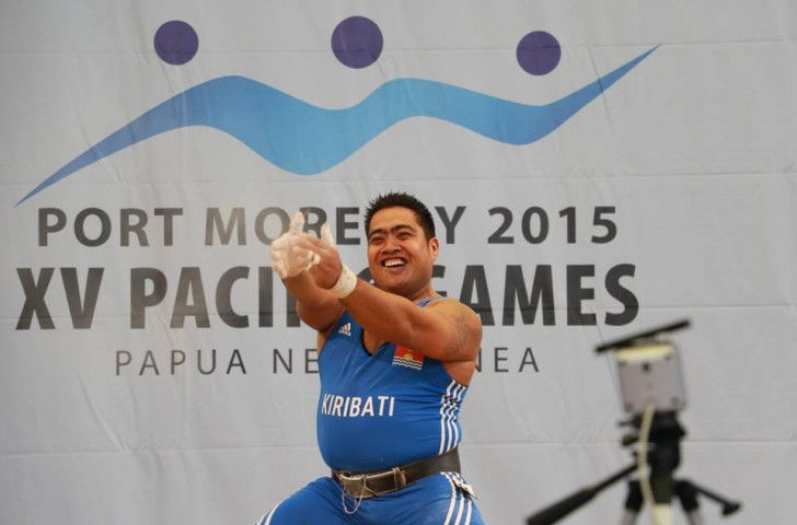 David Katoatau danced with joy after winning three Pacific Games gold medals in the men's 105kg category ©ONOC