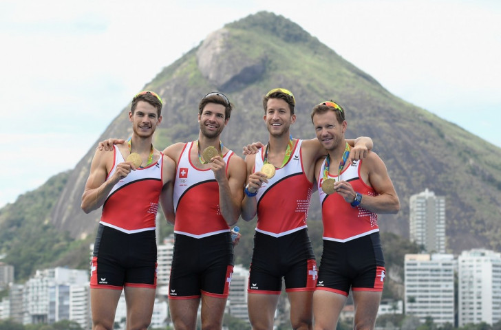 Switzerland celebrate victory in the men's lightweight four sweep rowing event at the Rio 2016 Games ©Getty Images