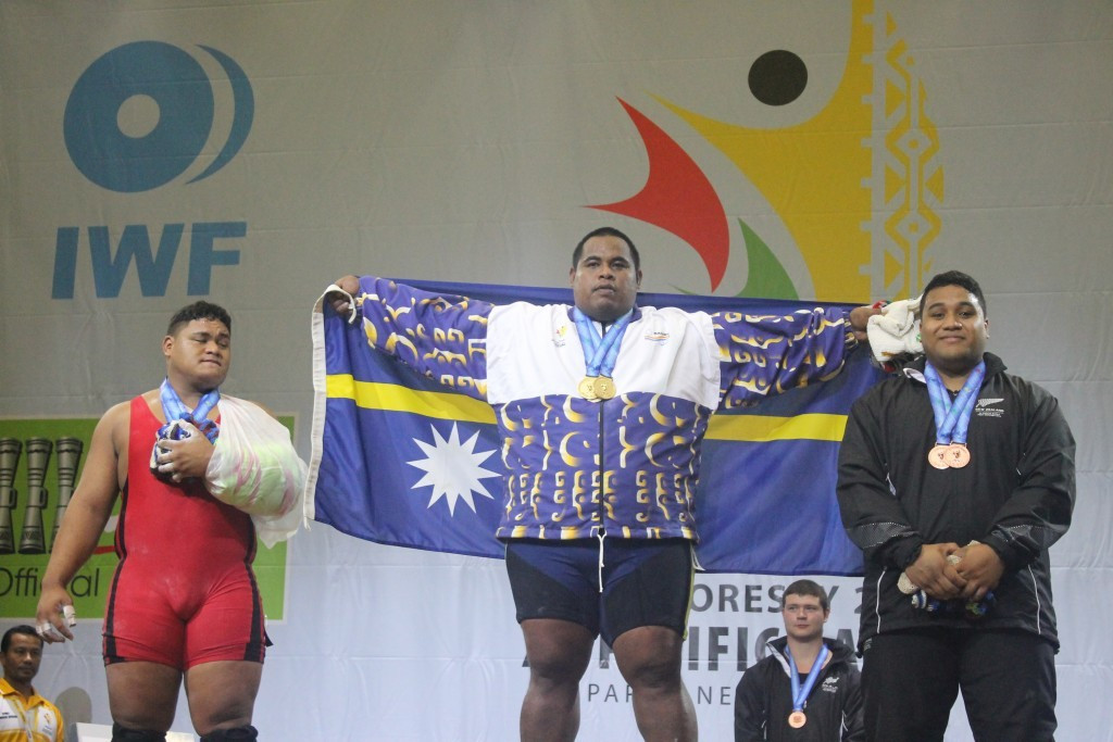 Itte Detenamo won Nauru's first gold medals of the Pacific Games by sweeping the men's over 105kg category