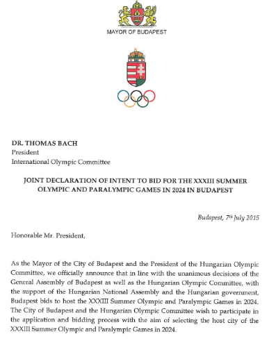 The opening section of the letter of intent submitted to the International Olympic Committee ©HOC